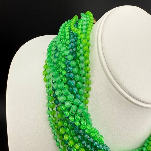 Vintage Multi-Strand Green Plastic Beaded Collar Necklace With Gold-Tone Ornate - Picture 2 of 8